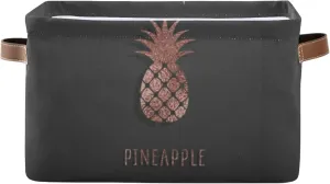 Oyihfvs Gold Glittering Rose Pineapple Glossy Exotic Fruit on Dark Brown 2 PC Rectangle Storage Basket Collapsible Fabric with Leather Handles Bag Organizer Clothes for Home Bedroom 15 x 11 x 9.5 in