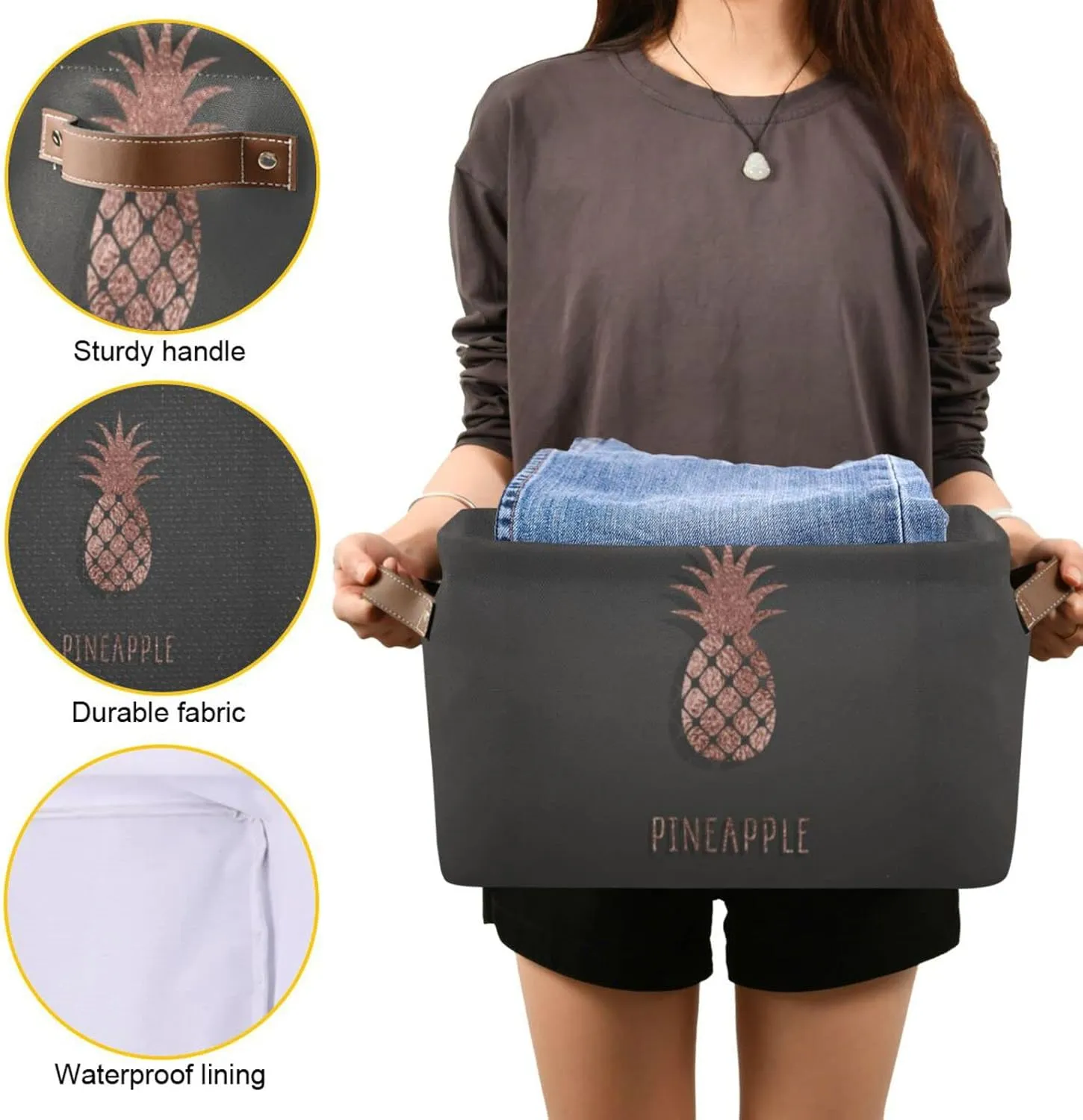 Oyihfvs Gold Glittering Rose Pineapple Glossy Exotic Fruit on Dark Brown 2 PC Rectangle Storage Basket Collapsible Fabric with Leather Handles Bag Organizer Clothes for Home Bedroom 15 x 11 x 9.5 in