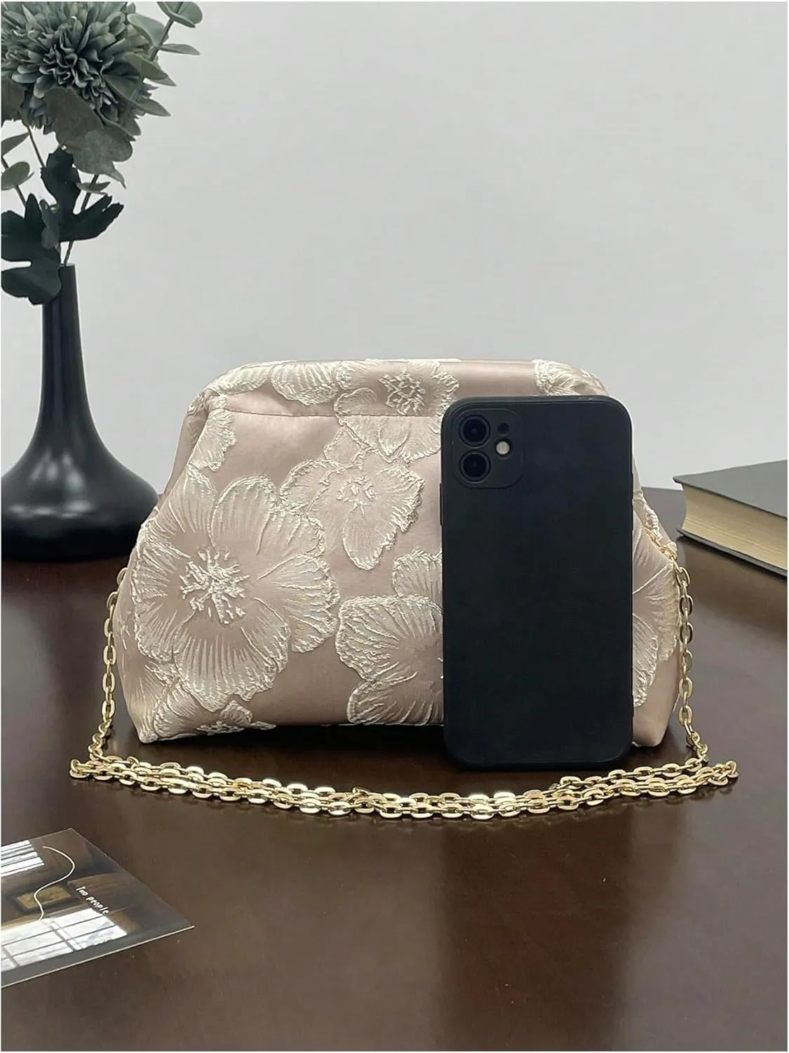 OYOANGLE Women's Flower Embroidery Clutch Purse Kiss Lock Shoulder Bags Evening Handbag