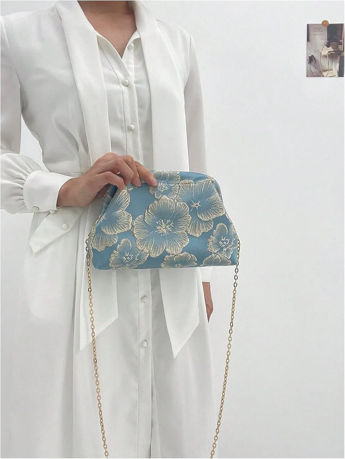 OYOANGLE Women's Flower Embroidery Clutch Purse Kiss Lock Shoulder Bags Evening Handbag