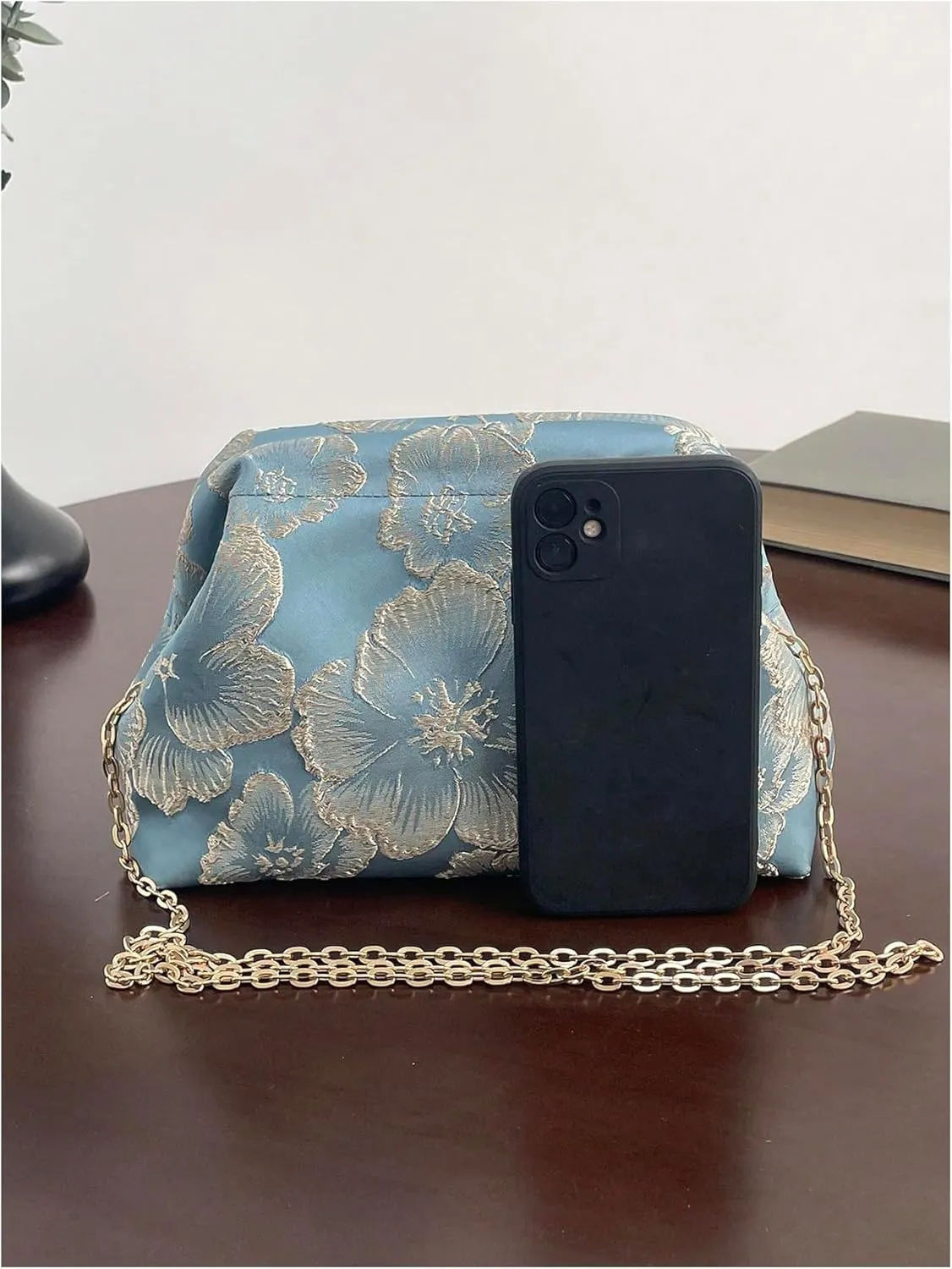 OYOANGLE Women's Flower Embroidery Clutch Purse Kiss Lock Shoulder Bags Evening Handbag