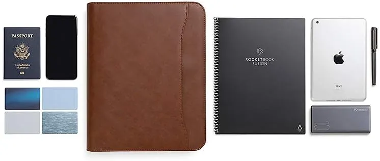 Padfolio Binder - Professional Faux Leather Travel Organizer Pouch for Tablet, Documents, Presentation Folders, Zipper Closure, Removable 3-Ring Notepad - Brown