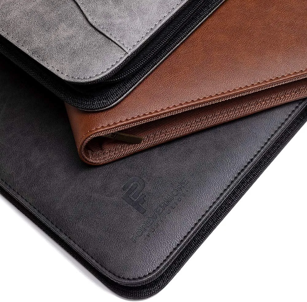 Padfolio Binder - Professional Faux Leather Travel Organizer Pouch for Tablet, Documents, Presentation Folders, Zipper Closure, Removable 3-Ring Notepad - Brown