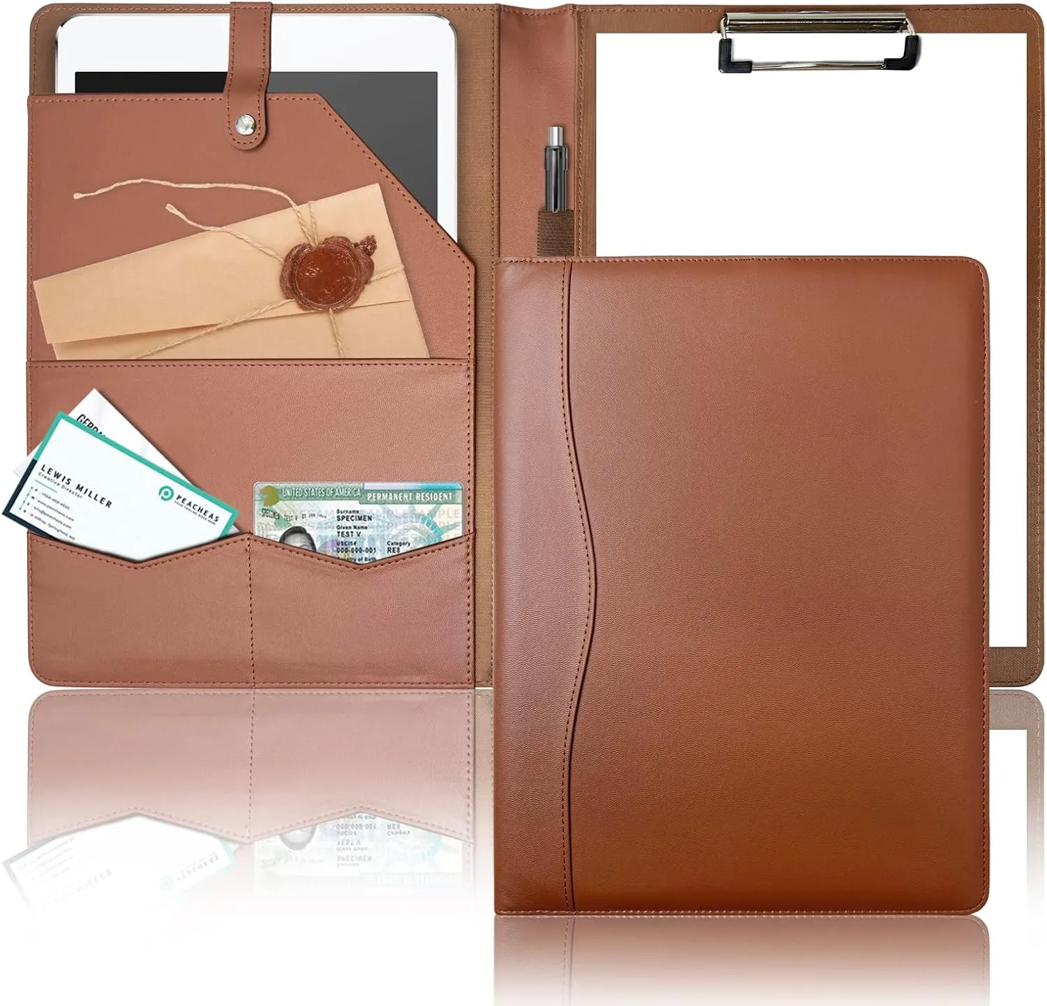 Padfolio Portfolio Binder, Leather Clipboard Folder Briefcase Loose-Leaf Binder with Cover A4 Brown Folder with Pockets Resume Folder for Business School Office Meeting Men Women's Business Folder