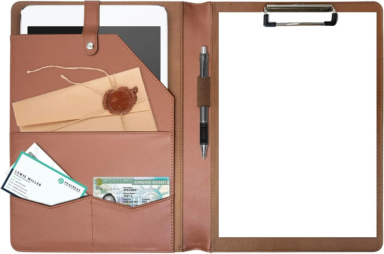 Padfolio Portfolio Binder, Leather Clipboard Folder Briefcase Loose-Leaf Binder with Cover A4 Brown Folder with Pockets Resume Folder for Business School Office Meeting Men Women's Business Folder