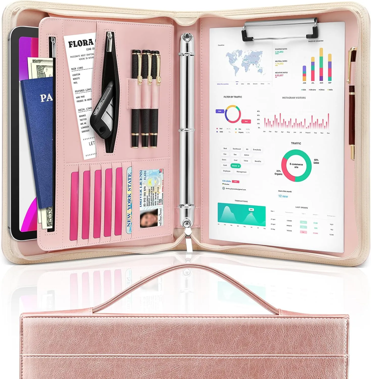 Padfolio Portfolio Organizer Binder with Zipper and Hidden Handle, PU Leather Portfolio Folder for Documents, Business Card Holder, Notepad Padfolio for Men&Women (Rose Gold)
