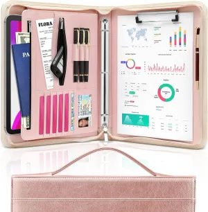 Padfolio Portfolio Organizer Binder with Zipper and Hidden Handle, PU Leather Portfolio Folder for Documents, Business Card Holder, Notepad Padfolio for Men&Women (Rose Gold)