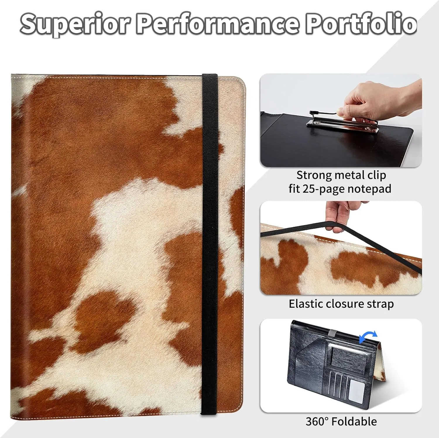Padfolio/Portfolio Folder Clipboard,Cow Hide Animal Print Brown Personalized Leather Portfolio Padfolio for Men Women W/Resume Document Organizer Letter Size A4 Writing Pad Business Card Holders