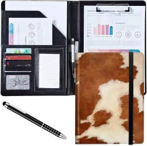 Padfolio/Portfolio Folder Clipboard,Cow Hide Animal Print Brown Personalized Leather Portfolio Padfolio for Men Women W/Resume Document Organizer Letter Size A4 Writing Pad Business Card Holders