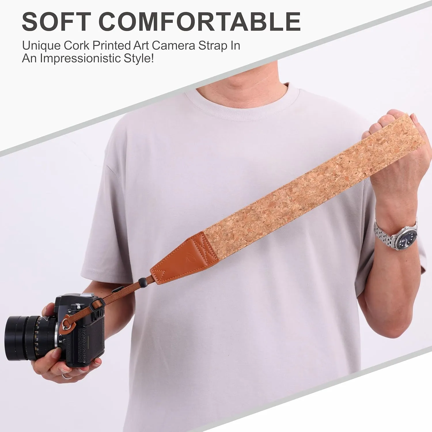 Padwa Lifestyle Cork Camera Strap -2" Top Layer Cowhide Head Camera Straps for Photographers,Natural Log Crackle Art Impressionist Style,Soft Chamois Velvet Padded Strap Quick Release fits All Cameras