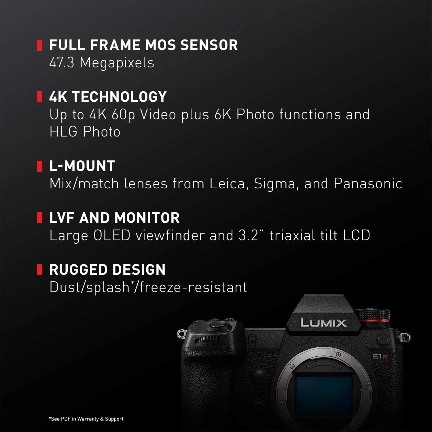 Panasonic LUMIX S1R Full Frame Mirrorless Camera with 47.3MP MOS High Resolution Sensor, L-Mount Lens Compatible, 4K HDR Video and 3.2” LCD - DC-S1RBODY (Renewed)