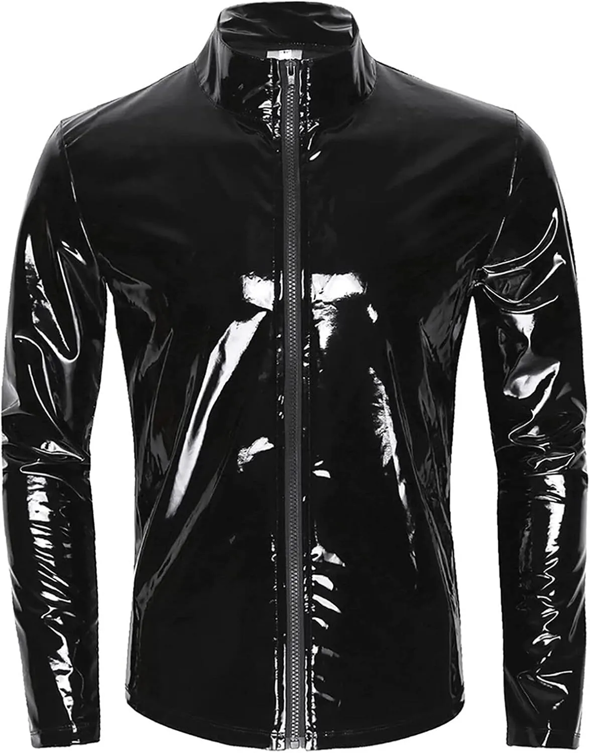 Panegy Men's Liquid Shiny Leather Shirt Jacket Slim Fit Wetlook Party Nightout Club 70s/80s Disco Blouse Tshirt