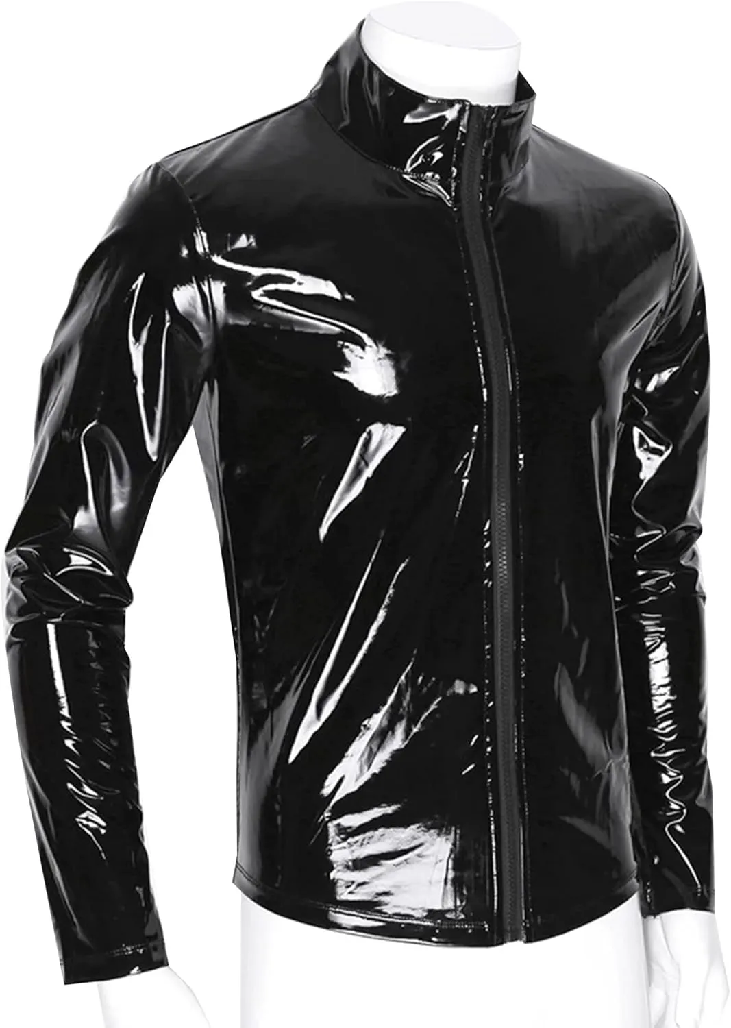 Panegy Men's Liquid Shiny Leather Shirt Jacket Slim Fit Wetlook Party Nightout Club 70s/80s Disco Blouse Tshirt