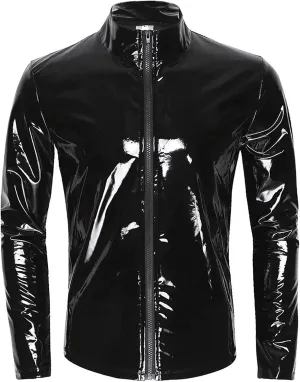 Panegy Men's Liquid Shiny Leather Shirt Jacket Slim Fit Wetlook Party Nightout Club 70s/80s Disco Blouse Tshirt