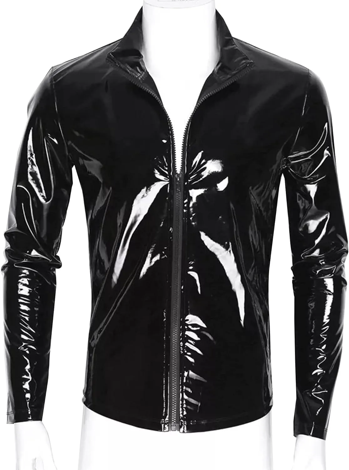 Panegy Men's Liquid Shiny Leather Shirt Jacket Slim Fit Wetlook Party Nightout Club 70s/80s Disco Blouse Tshirt