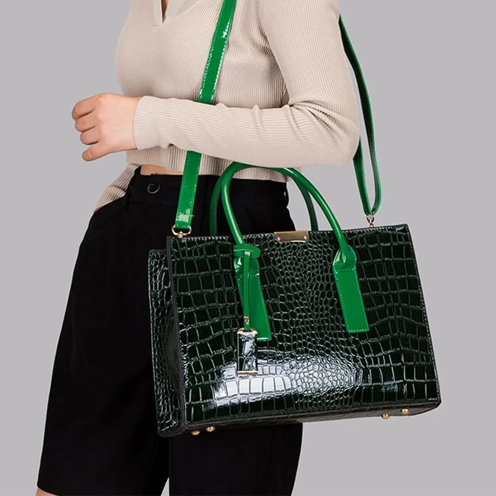 Patent Leather Tote Purse for Women Crocodile Print Glossy Shoulder Handbag Work Top-handle Satchel Crossbody Bag