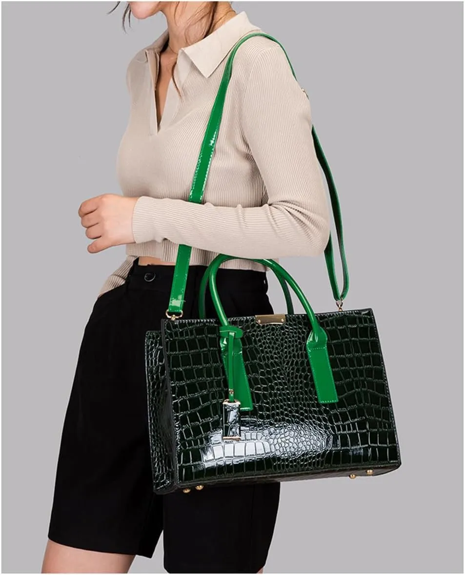 Patent Leather Tote Purse for Women Crocodile Print Glossy Shoulder Handbag Work Top-handle Satchel Crossbody Bag