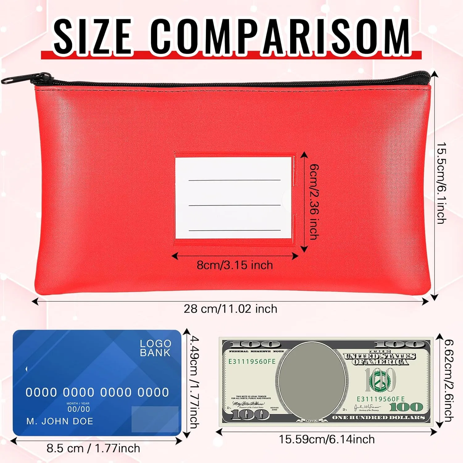 Paterr 6 Pcs Money Bags with Zipper PU Leather Deposit Bank Bag Security Money Pouch Receipt Holder Bank Pouch Wallet with Label for Cash Coin Makeup Cosmetics Bills Tickets, 11 x 6 Inch(Red)