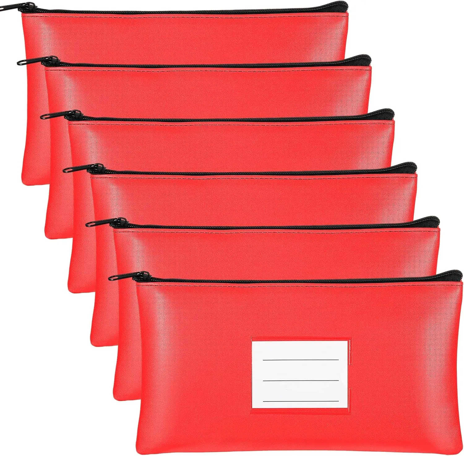 Paterr 6 Pcs Money Bags with Zipper PU Leather Deposit Bank Bag Security Money Pouch Receipt Holder Bank Pouch Wallet with Label for Cash Coin Makeup Cosmetics Bills Tickets, 11 x 6 Inch(Red)