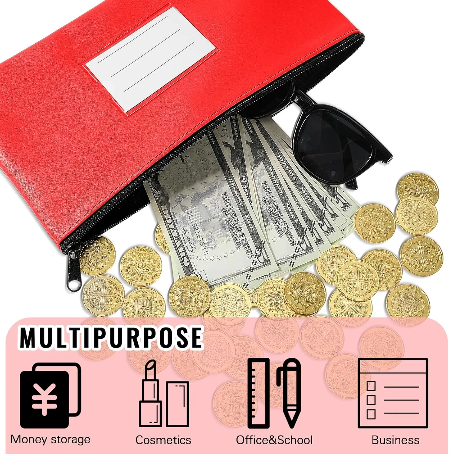 Paterr 6 Pcs Money Bags with Zipper PU Leather Deposit Bank Bag Security Money Pouch Receipt Holder Bank Pouch Wallet with Label for Cash Coin Makeup Cosmetics Bills Tickets, 11 x 6 Inch(Red)