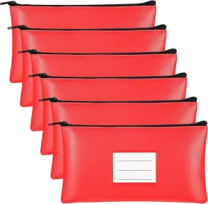 Paterr 6 Pcs Money Bags with Zipper PU Leather Deposit Bank Bag Security Money Pouch Receipt Holder Bank Pouch Wallet with Label for Cash Coin Makeup Cosmetics Bills Tickets, 11 x 6 Inch(Red)