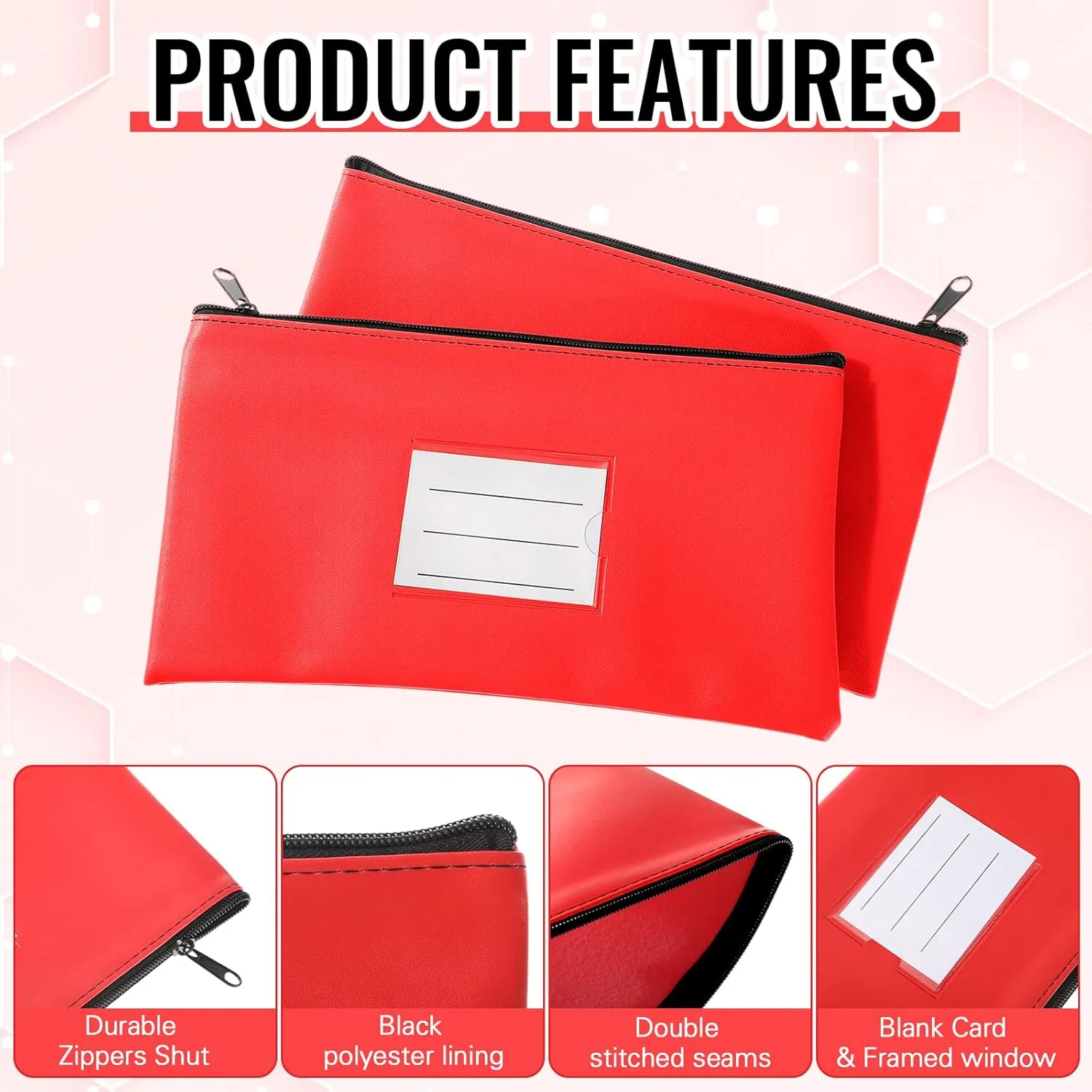 Paterr 6 Pcs Money Bags with Zipper PU Leather Deposit Bank Bag Security Money Pouch Receipt Holder Bank Pouch Wallet with Label for Cash Coin Makeup Cosmetics Bills Tickets, 11 x 6 Inch(Red)