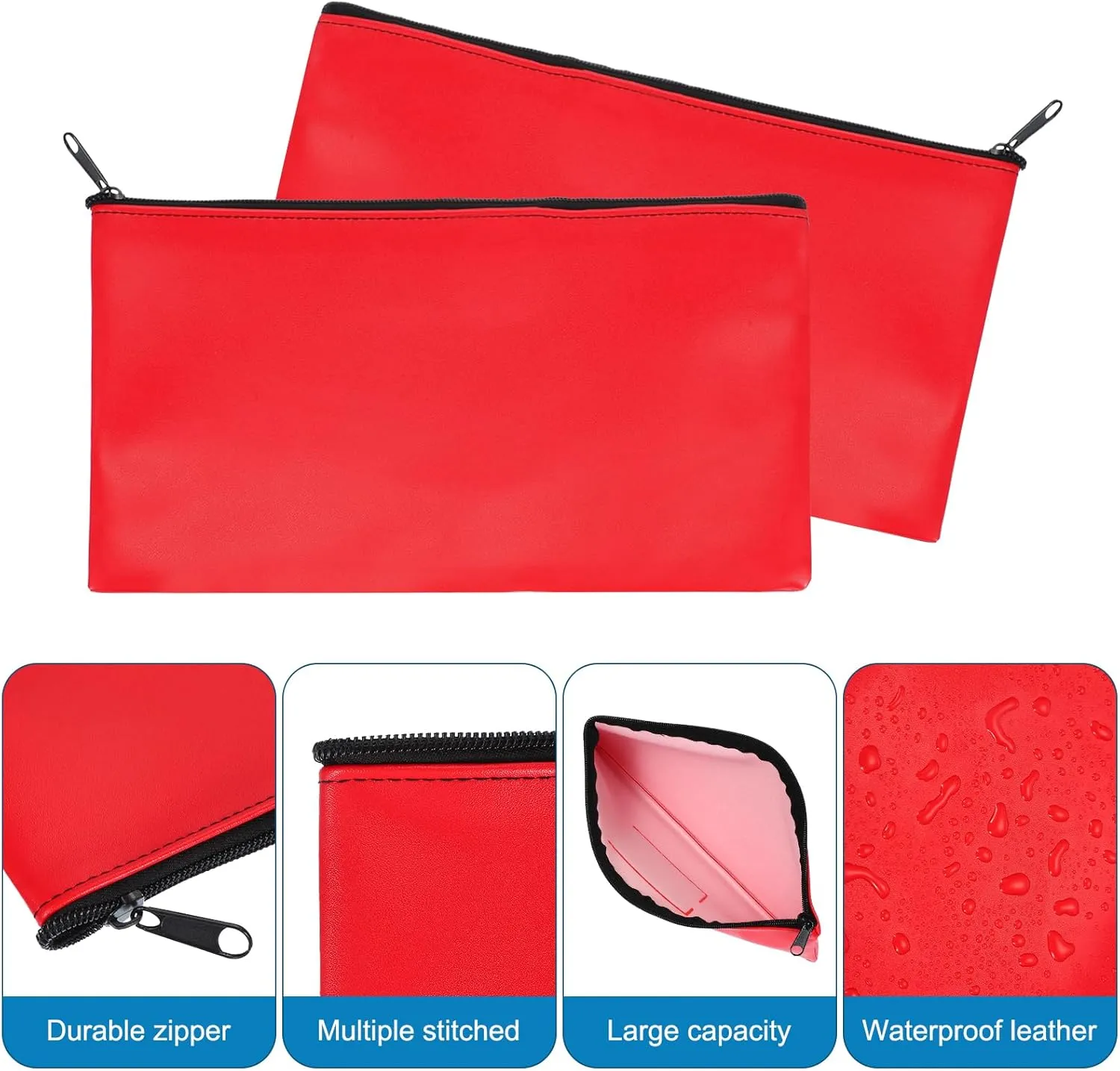 PATIKIL 11"x 6" Bank Deposit Bag, 8Pcs Money Bag Bank Bag Security Money Pouch Receipt Holder for Tickets Coin Makeup Cosmetics Bills, Bright Red