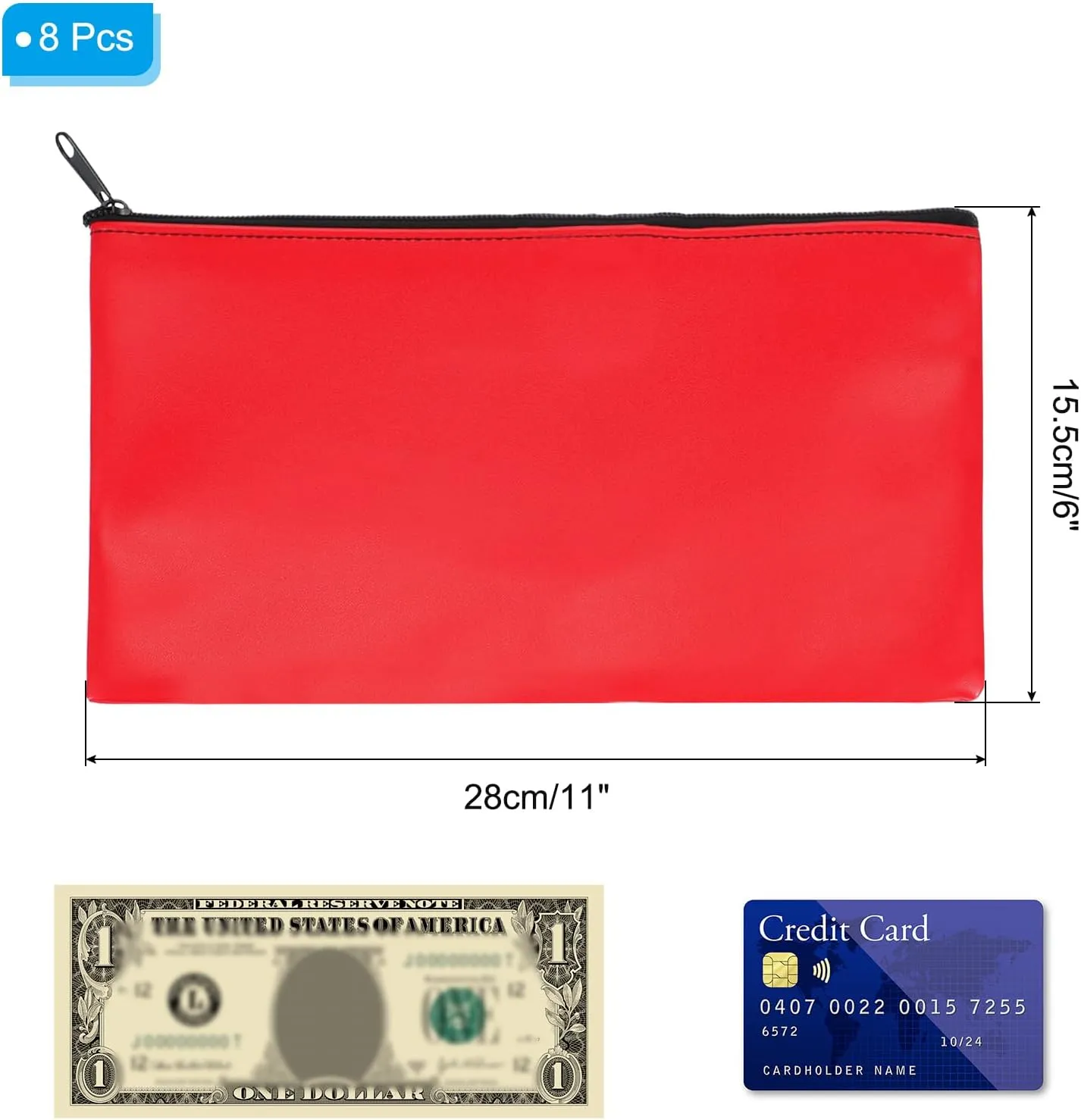 PATIKIL 11"x 6" Bank Deposit Bag, 8Pcs Money Bag Bank Bag Security Money Pouch Receipt Holder for Tickets Coin Makeup Cosmetics Bills, Bright Red