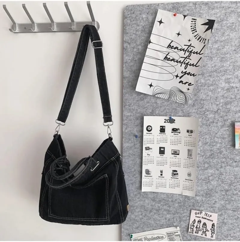 Pbkabiug Denim Shoulder Bag Jean Bag Messenger Bag for Women Aesthetic Tote Bag Casual Retro Crossbody Bag Handbag