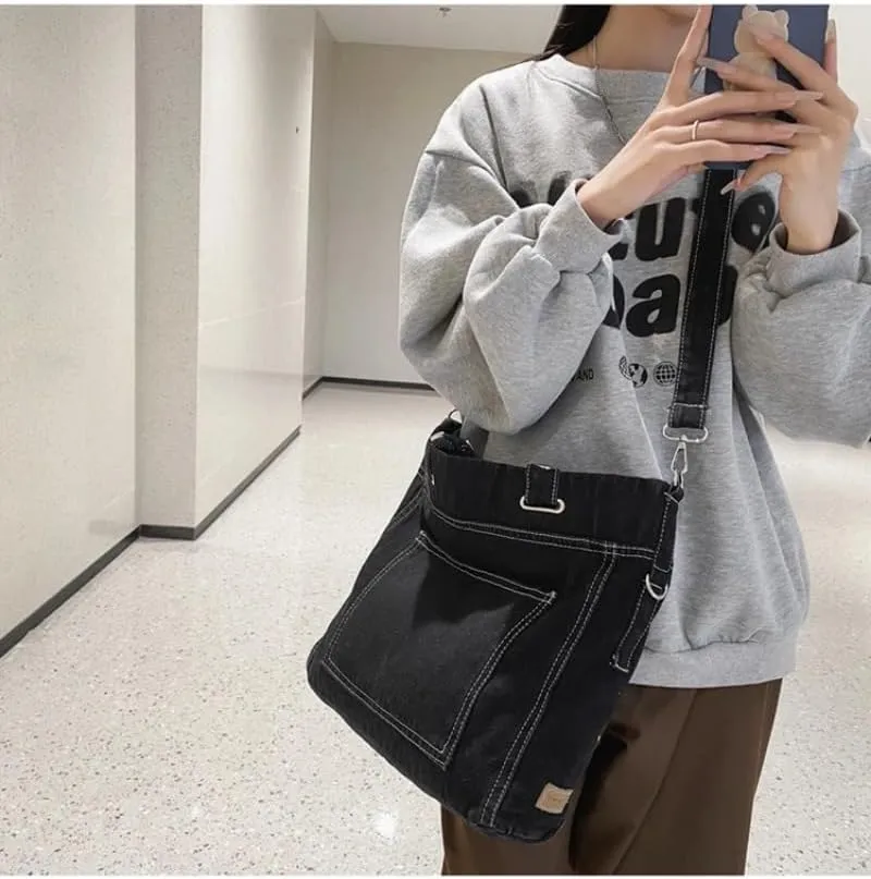 Pbkabiug Denim Shoulder Bag Jean Bag Messenger Bag for Women Aesthetic Tote Bag Casual Retro Crossbody Bag Handbag