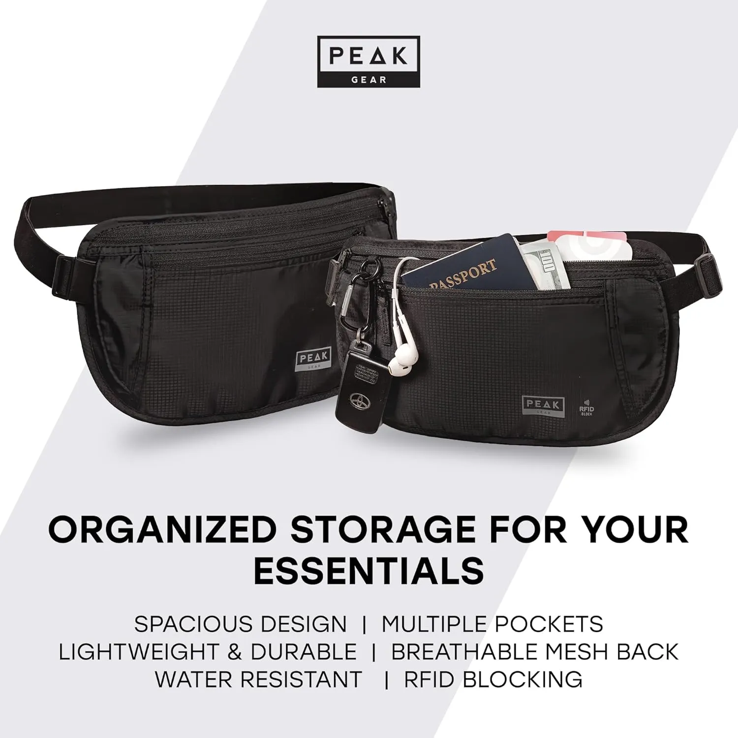 Peak Gear Money Belt for Travel - Large Size with RFID Blocking, Water-Resistant Nylon, and YKK Zippers (BLACK, LARGE)
