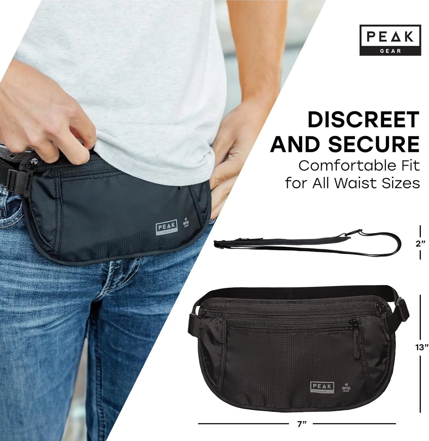 Peak Gear Money Belt for Travel - Large Size with RFID Blocking, Water-Resistant Nylon, and YKK Zippers (BLACK, LARGE)