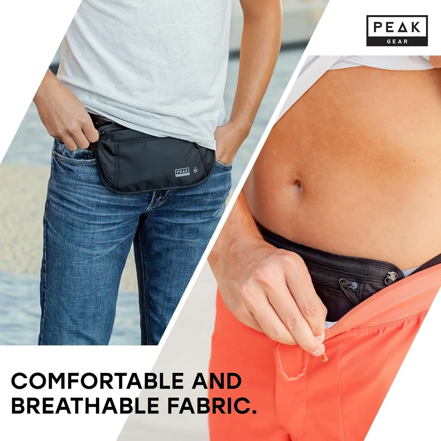Peak Gear Money Belt for Travel - Large Size with RFID Blocking, Water-Resistant Nylon, and YKK Zippers (BLACK, LARGE)