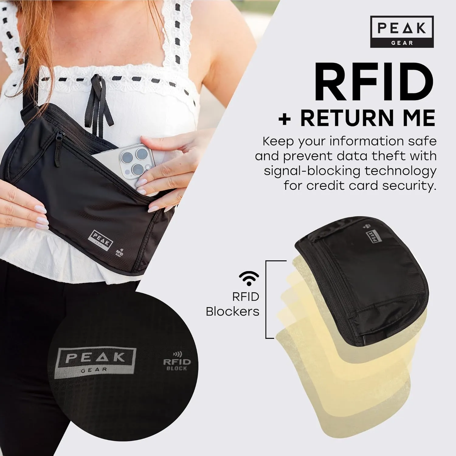 Peak Gear Money Belt for Travel - Large Size with RFID Blocking, Water-Resistant Nylon, and YKK Zippers (BLACK, LARGE)