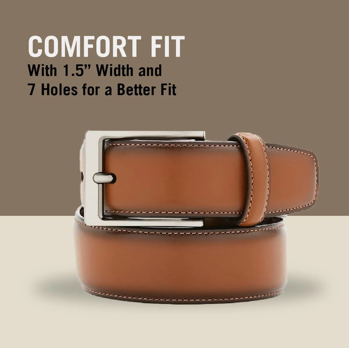 Perry Ellis Men's Portfolio Amigo Dress Belt, Leather, Stitched Edges, Metallic Buckle, 1.5" Width (Available in Big & Tall)