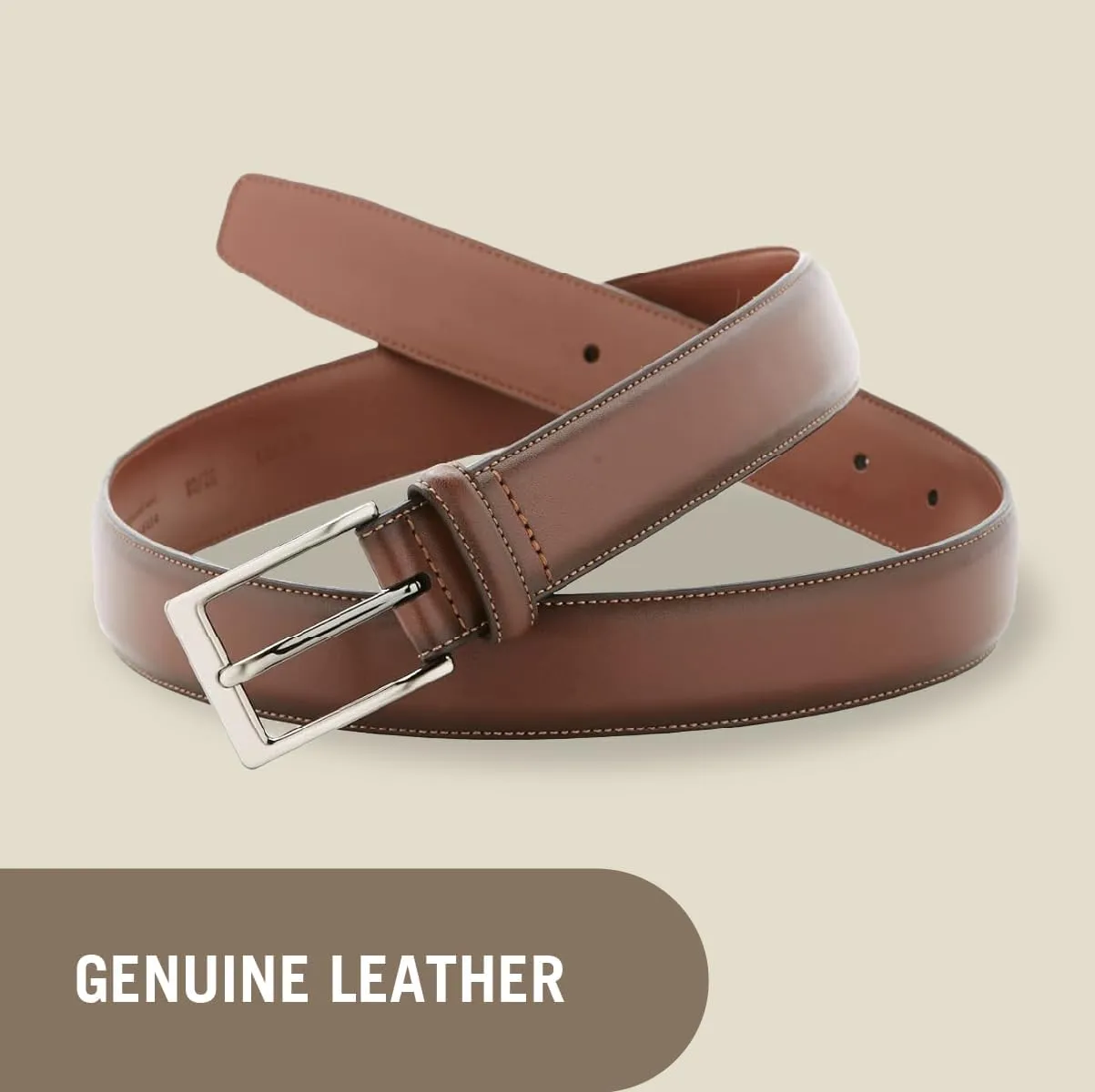 Perry Ellis Men's Portfolio Amigo Dress Belt, Leather, Stitched Edges, Metallic Buckle, 1.5" Width (Available in Big & Tall)