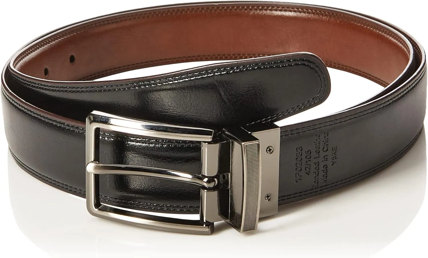 Perry Ellis Men's Portfolio Double Stitched Leather Reversible Belt, Brown/Black, Silver Prong Buckle, Burnished Edges