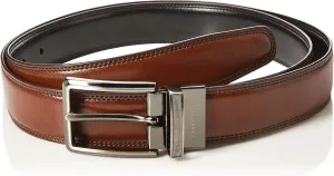 Perry Ellis Men's Portfolio Double Stitched Leather Reversible Belt, Brown/Black, Silver Prong Buckle, Burnished Edges