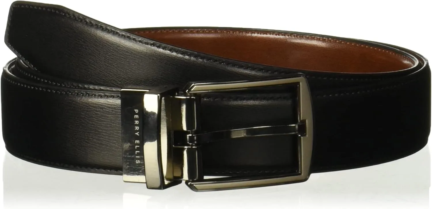 Perry Ellis Men's Portfolio Hi-lo Reversible Dress Belt, Matte Leather Blend, Stitched, 1.5” Width (Available in Big & Tall)