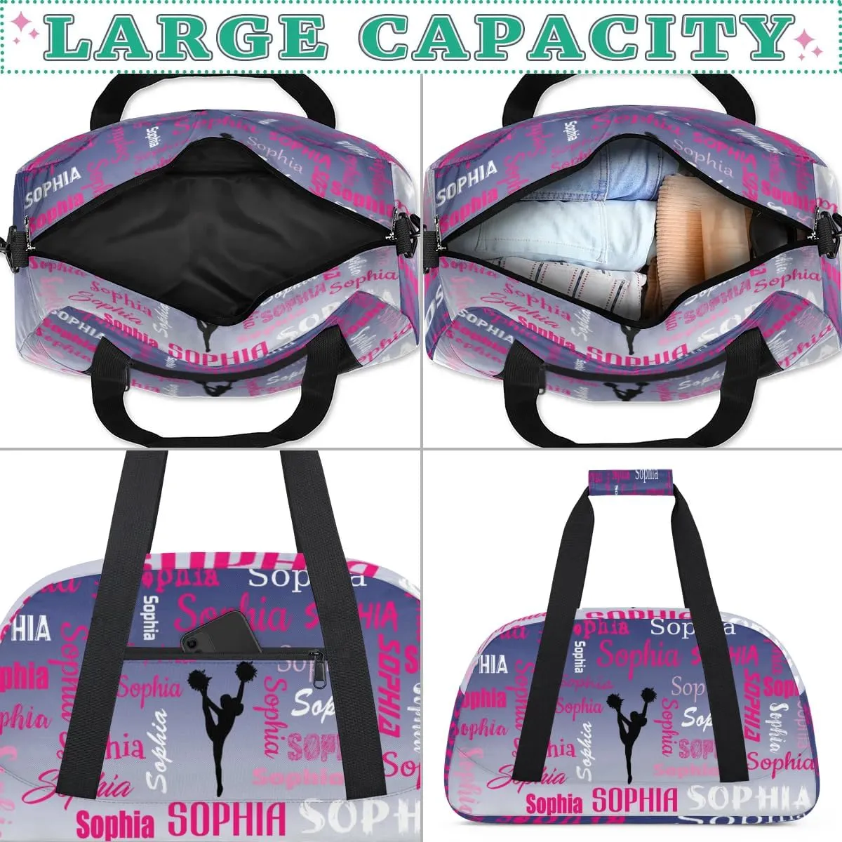 Personalized Cheer Bag Name Dance Bag Gymnastics Bags, Custom Cheerleader Sport Duffel Gym Bags Travel Overnight Weekender Bags, Cobalt Blue Gradient
