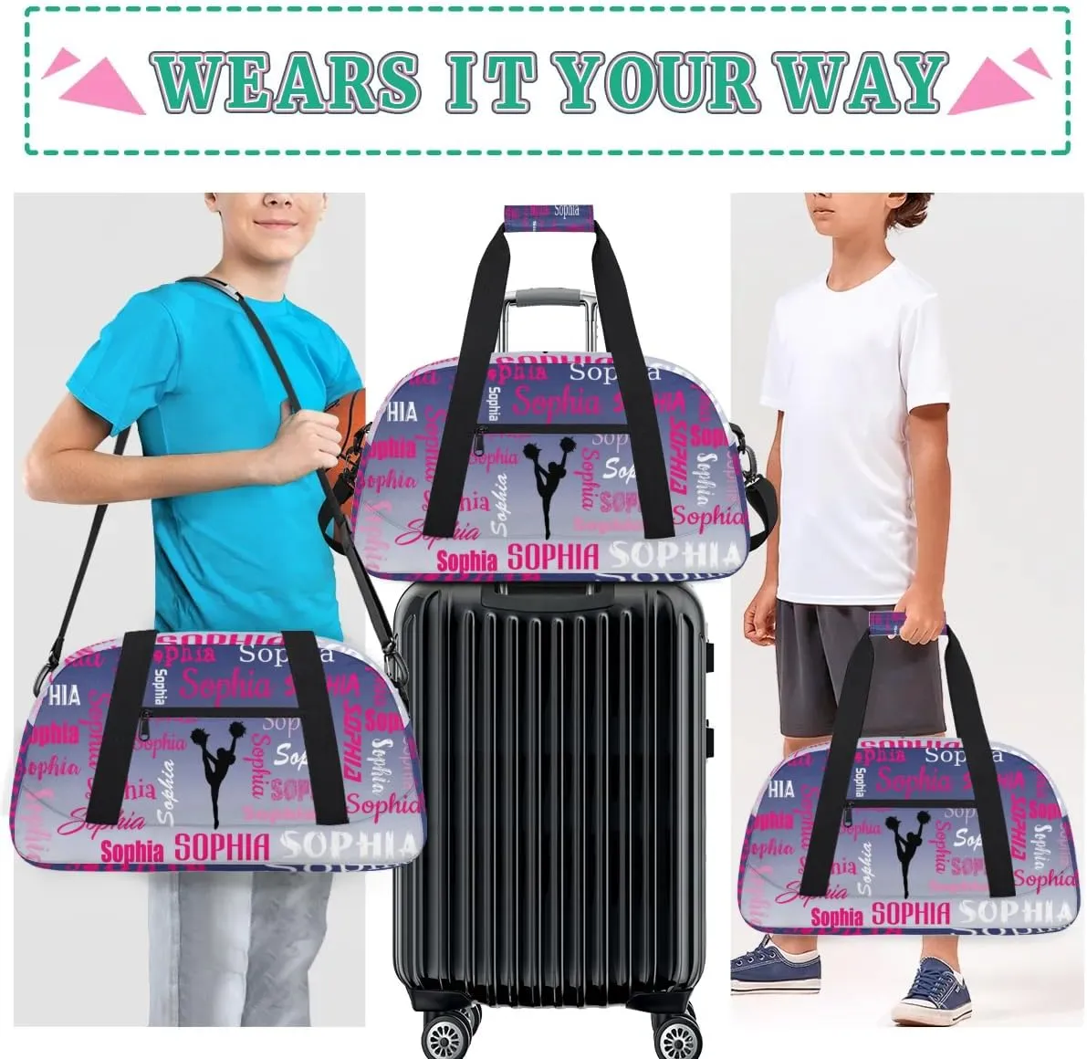 Personalized Cheer Bag Name Dance Bag Gymnastics Bags, Custom Cheerleader Sport Duffel Gym Bags Travel Overnight Weekender Bags, Cobalt Blue Gradient
