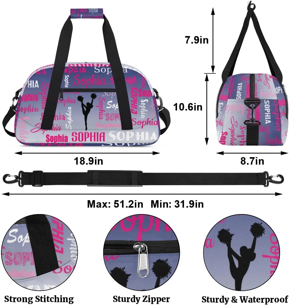 Personalized Cheer Bag Name Dance Bag Gymnastics Bags, Custom Cheerleader Sport Duffel Gym Bags Travel Overnight Weekender Bags, Cobalt Blue Gradient