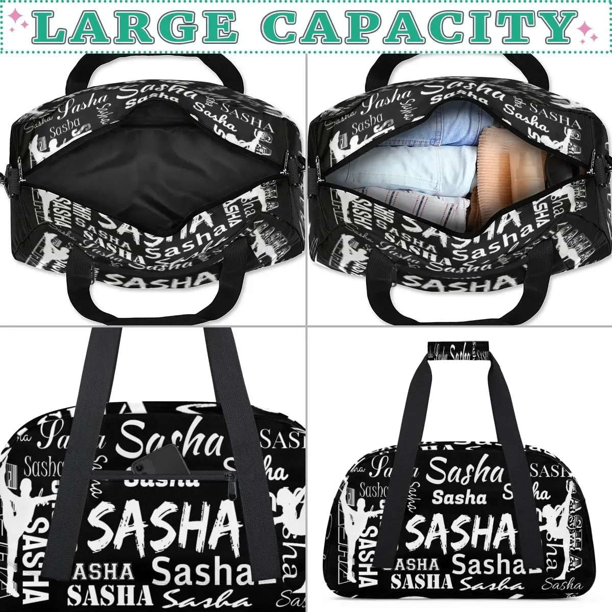 Personalized Cheer Bag, Name Dance Bag Gymnastics Bags, Custom Sport Duffel Gym Bags Travel Overnight Weekender Bags, Black Ballet Bags