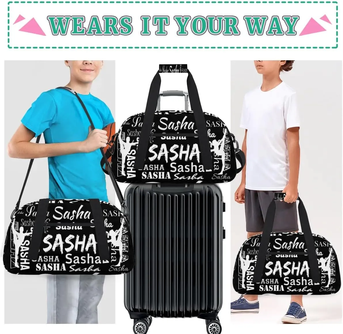 Personalized Cheer Bag, Name Dance Bag Gymnastics Bags, Custom Sport Duffel Gym Bags Travel Overnight Weekender Bags, Black Ballet Bags