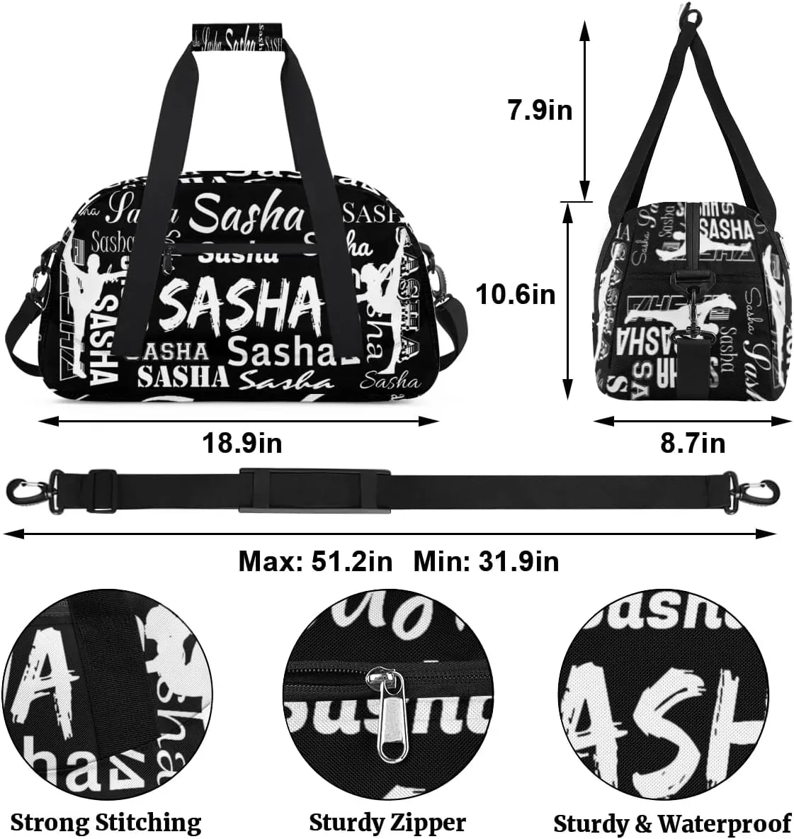 Personalized Cheer Bag, Name Dance Bag Gymnastics Bags, Custom Sport Duffel Gym Bags Travel Overnight Weekender Bags, Black Ballet Bags