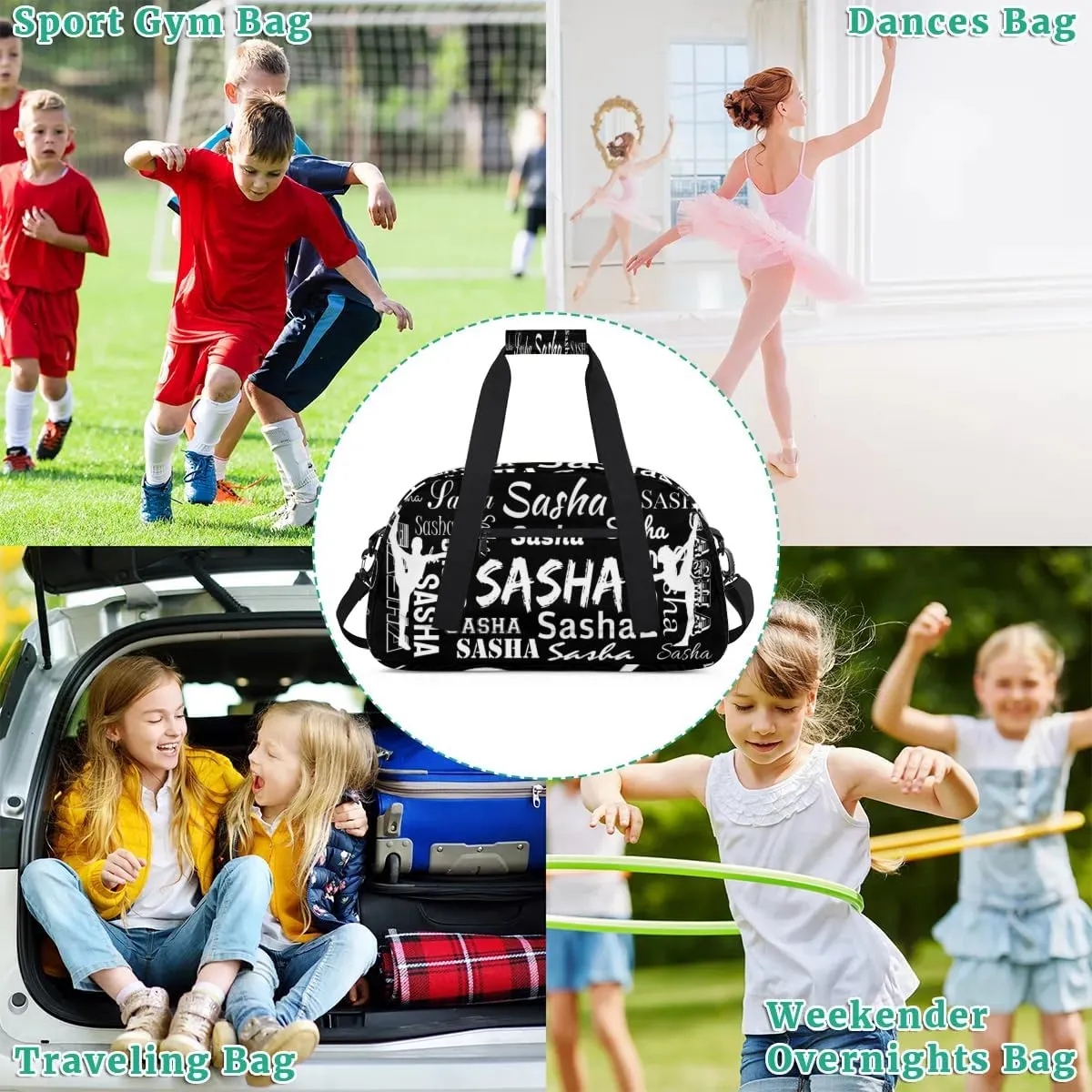 Personalized Cheer Bag, Name Dance Bag Gymnastics Bags, Custom Sport Duffel Gym Bags Travel Overnight Weekender Bags, Black Ballet Bags