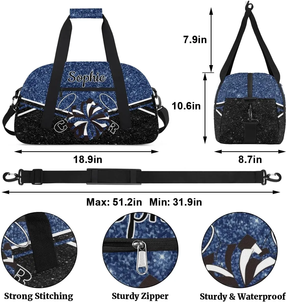 Personalized Cheerleader Bag Custom Cheer Sport Duffel Bags with Your Name Gymnastics Travel Bag Dance Bag Sleepover Weekender Bags, Dark Blue