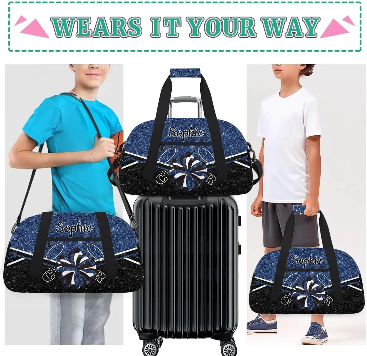 Personalized Cheerleader Bag Custom Cheer Sport Duffel Bags with Your Name Gymnastics Travel Bag Dance Bag Sleepover Weekender Bags, Dark Blue
