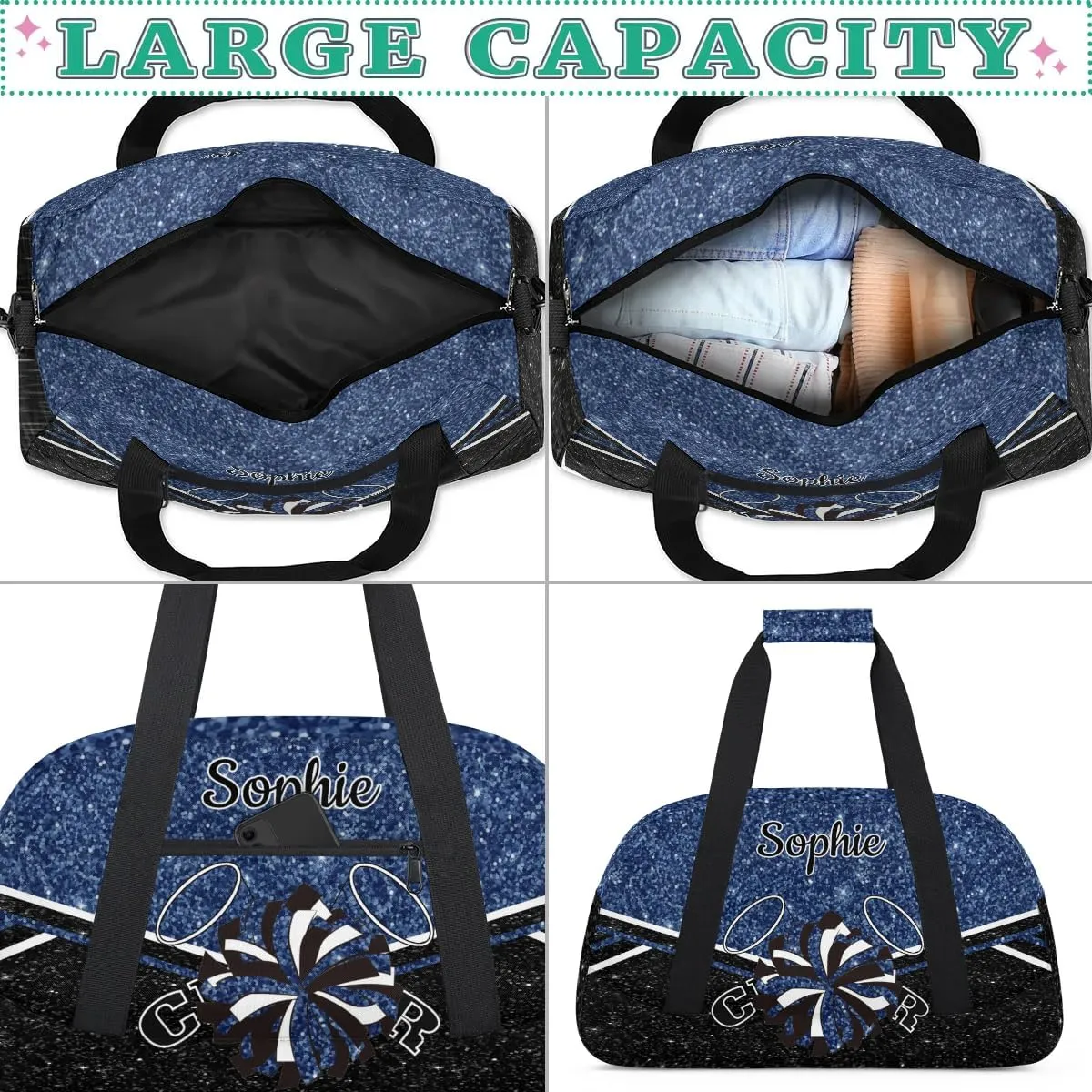 Personalized Cheerleader Bag Custom Cheer Sport Duffel Bags with Your Name Gymnastics Travel Bag Dance Bag Sleepover Weekender Bags, Dark Blue