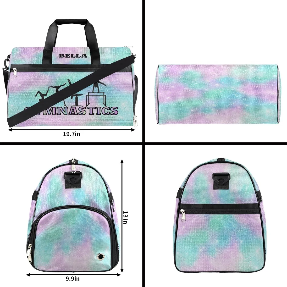 Personalized Gymnastics Bag Dance Bag for Girl Woman, Custom Gym Bag Sport Duffel Bag, Weekender Bags Travel Duffel Bag Watercolor Glitter Girl